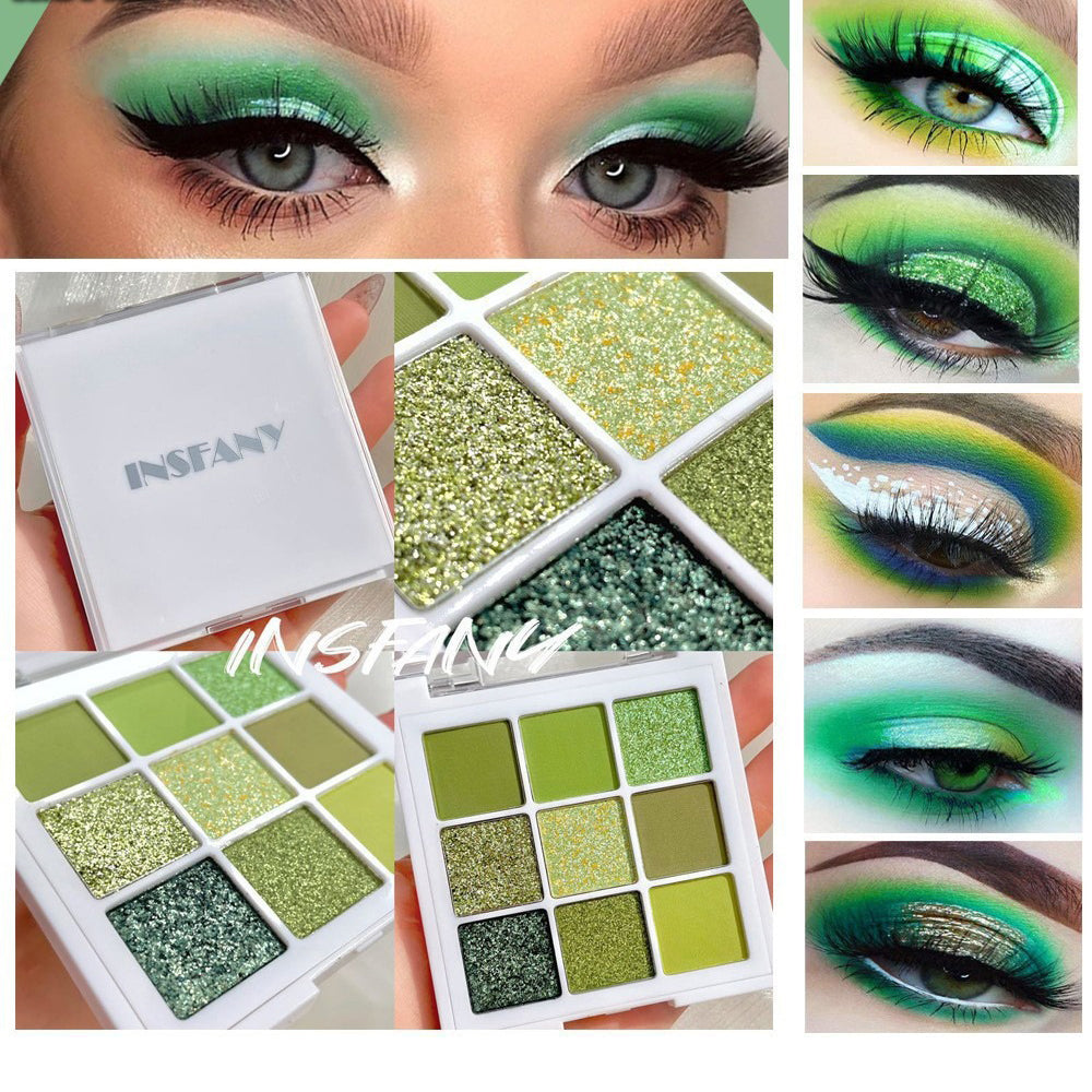 9-Color Green Eyeshadow Palette | Neutral Matte, Shimmer & Glitter Shades for Green Eyes