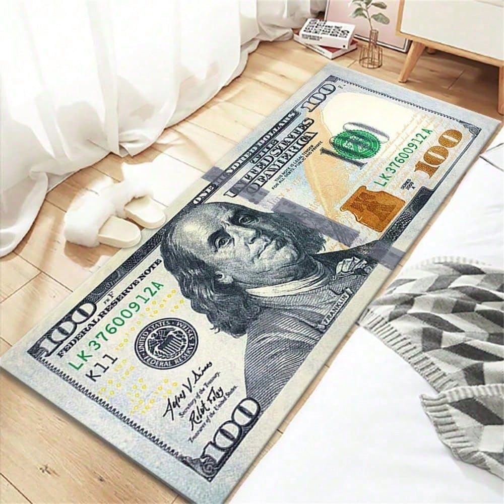 $100 Design Area Rug – Currency-Inspired Non-Slip Carpet for Living Room & Entryway