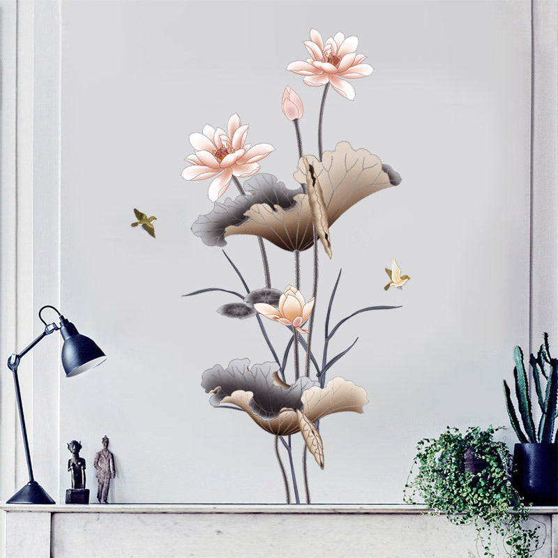 Chinese Style Lotus Flower Wallpaper – Self-Adhesive Wall Stickers for Living Room & Sofa Background