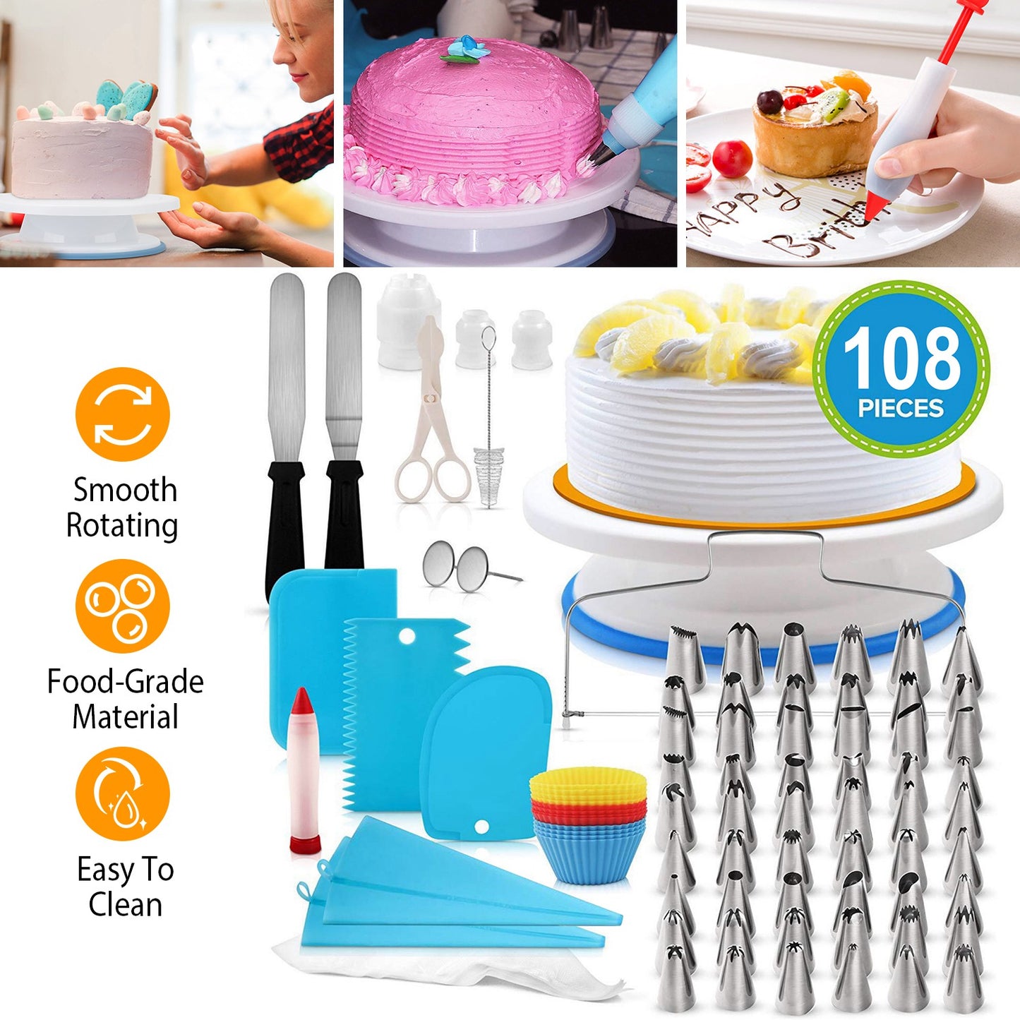 11in Rotating Cake Turntable with 108-Piece Decorating Kit