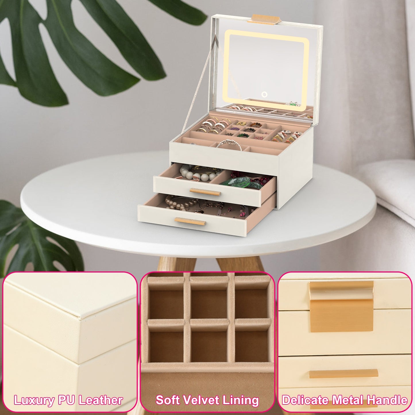 LED Jewelry Box with 3-Layer Organizer & Dimmable Mirror