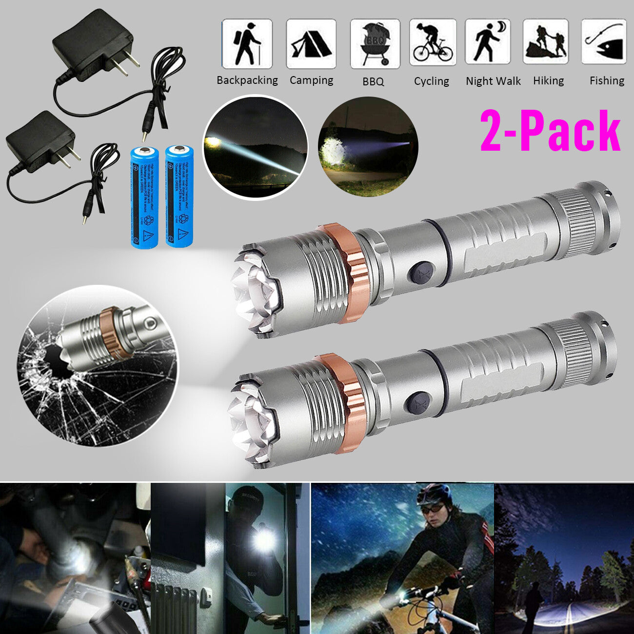 Rechargeable LED Flashlight Work Light Super Bright with Escape Hammer