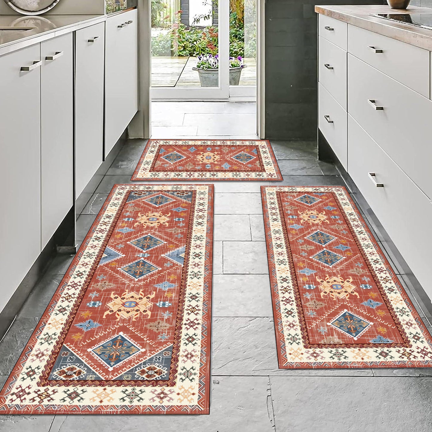 Boho 3-Piece Kitchen Rug Set – Thick Non-Slip Washable Runner Mats for Kitchen, Hallway & Laundry Room