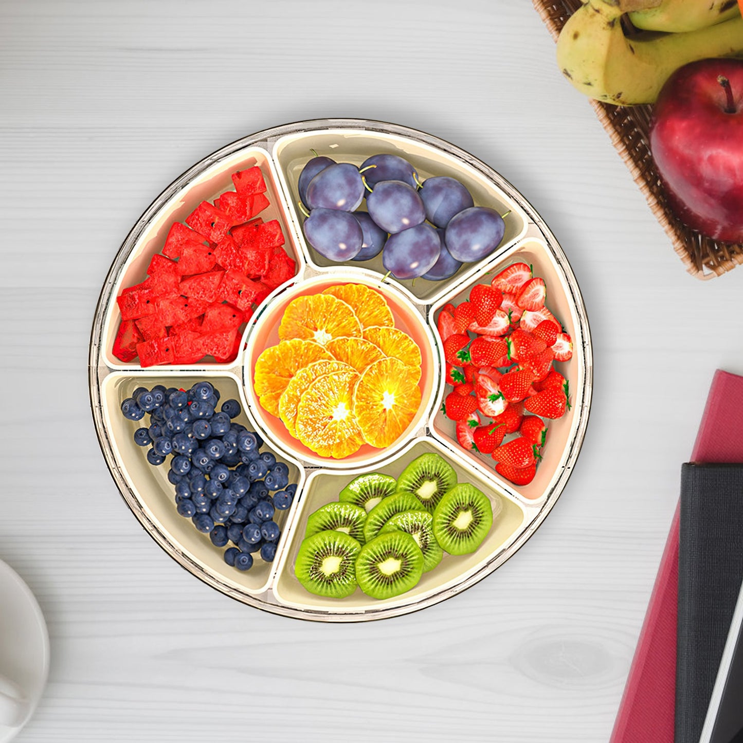 2PCS Rotating Divided Serving Tray with Lid & Handle – 6-Compartment Snack Box