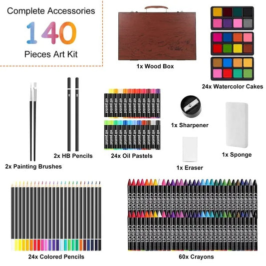 140-Piece Art Supplies Set – Colored Pencils, Oil Pastels, Watercolors & Brushes in Wooden Box