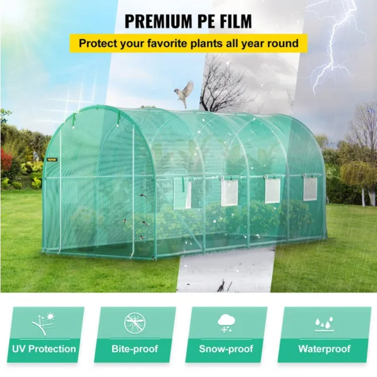 VEVOR 14.8×6.6×6.6 ft Walk-In Tunnel Greenhouse | Heavy-Duty Portable Plant Greenhouse with Galvanized Steel Frame, Roll-Up Windows & Zippered Door