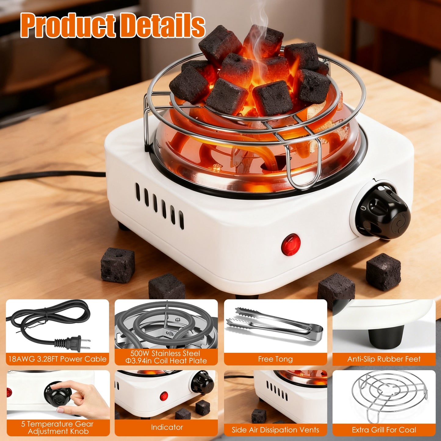 500W Electric Charcoal Burner for Hookah – 5-Level Thermostat with Grill & Tongs