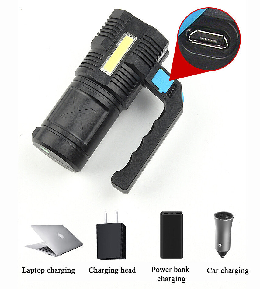 USB Rechargeable LED Flashlight COB Spotlight 4 Modes Waterproof