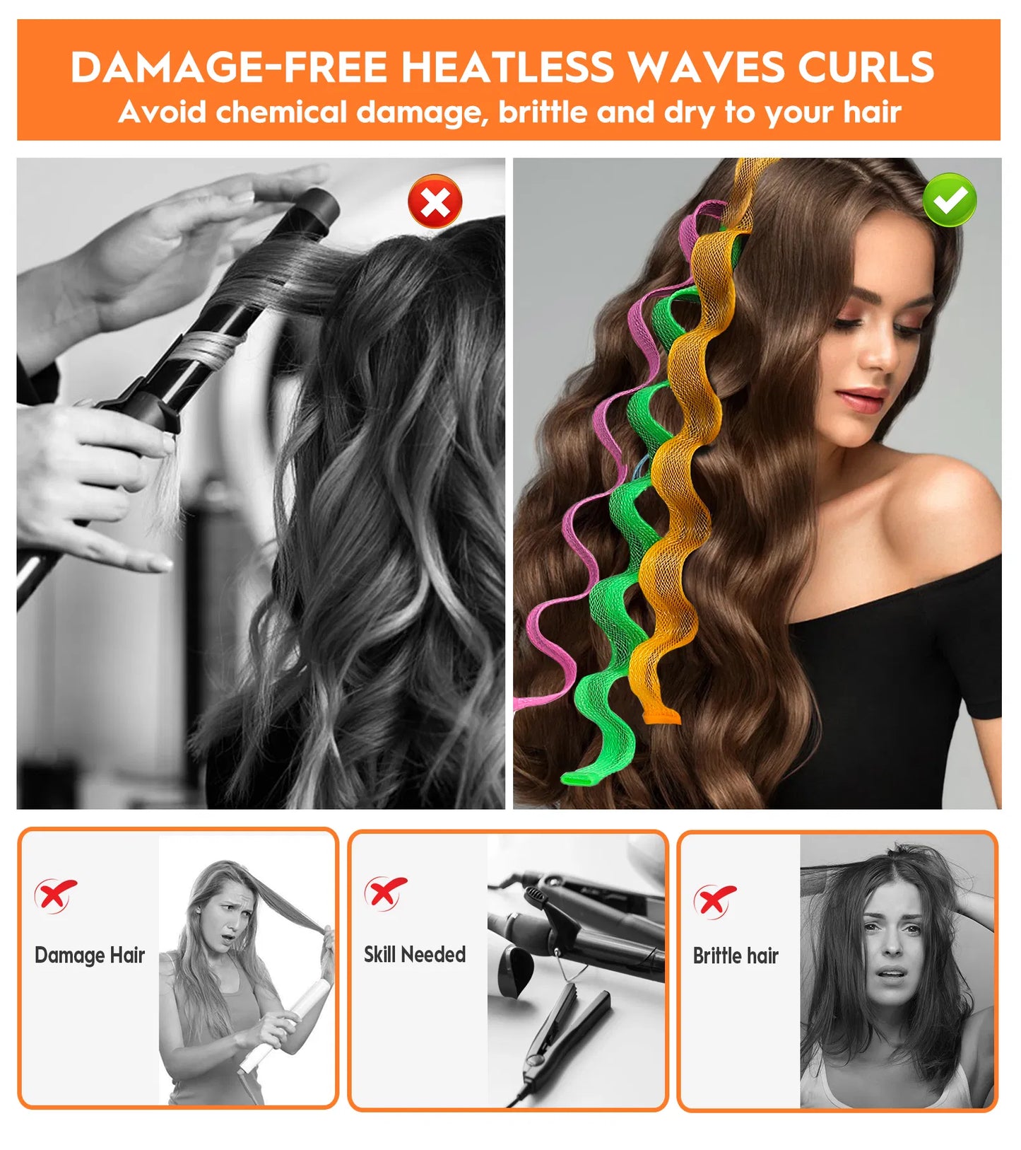 30PCS Heatless Hair Curlers – 6-Color Wave Curl Styling Kit With Hooks
