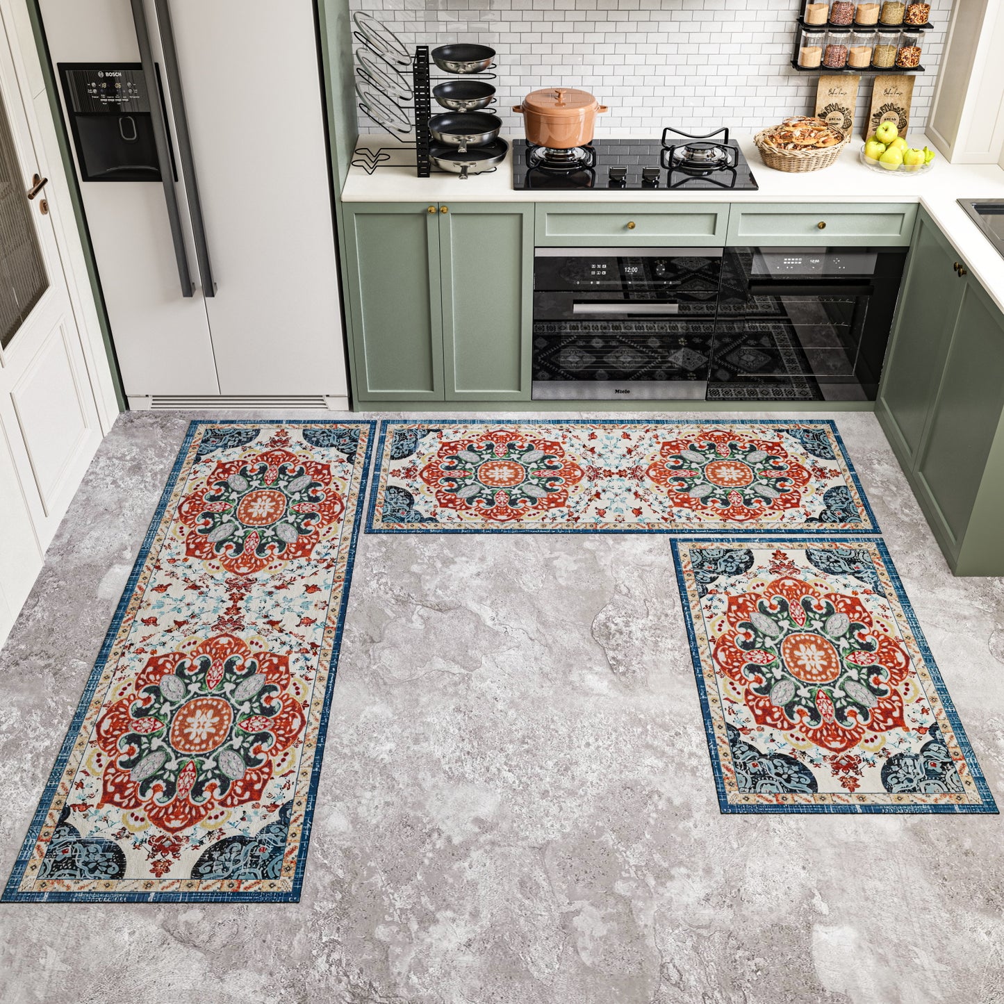 Boho 3-Piece Kitchen Rug Set – Washable Non-Slip Floor Mats with TPR Backing for Kitchen, Laundry & Hallway