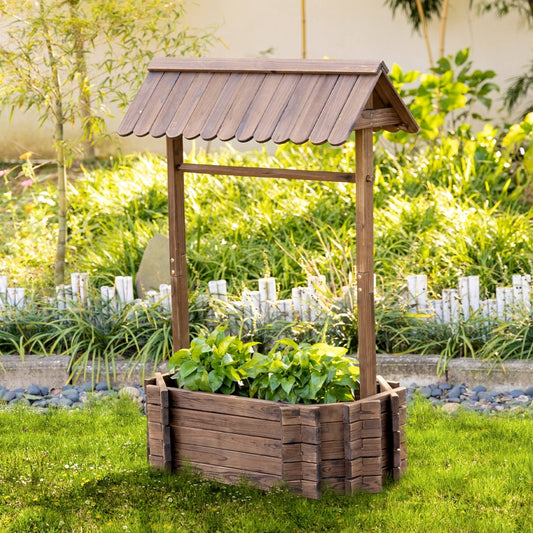 Wishing Well Wooden Planter – Raised Garden Bed for Outdoor Flowers & Garden Decor