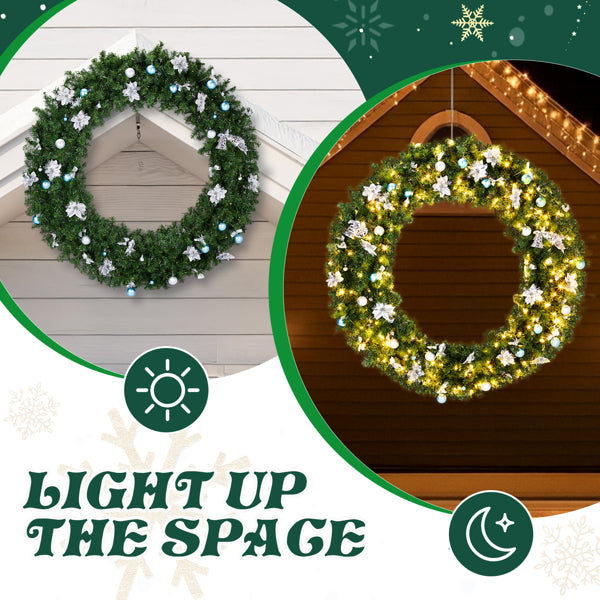 60in Pre-Lit Christmas Wreath – Artificial Xmas Wreath with 220 LED Lights & DIY Ornaments
