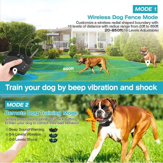 2-in-1 Wireless Electric Dog Fence Waterproof Pet Shock Boundary System with Training Collar for All Dog Sizes