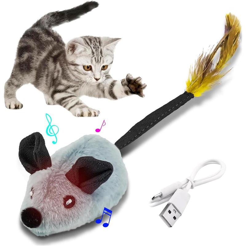 USB Rechargeable LED Cat Mouse Toy with Feather & Catnip – Automatic Moving Squeaky Toy