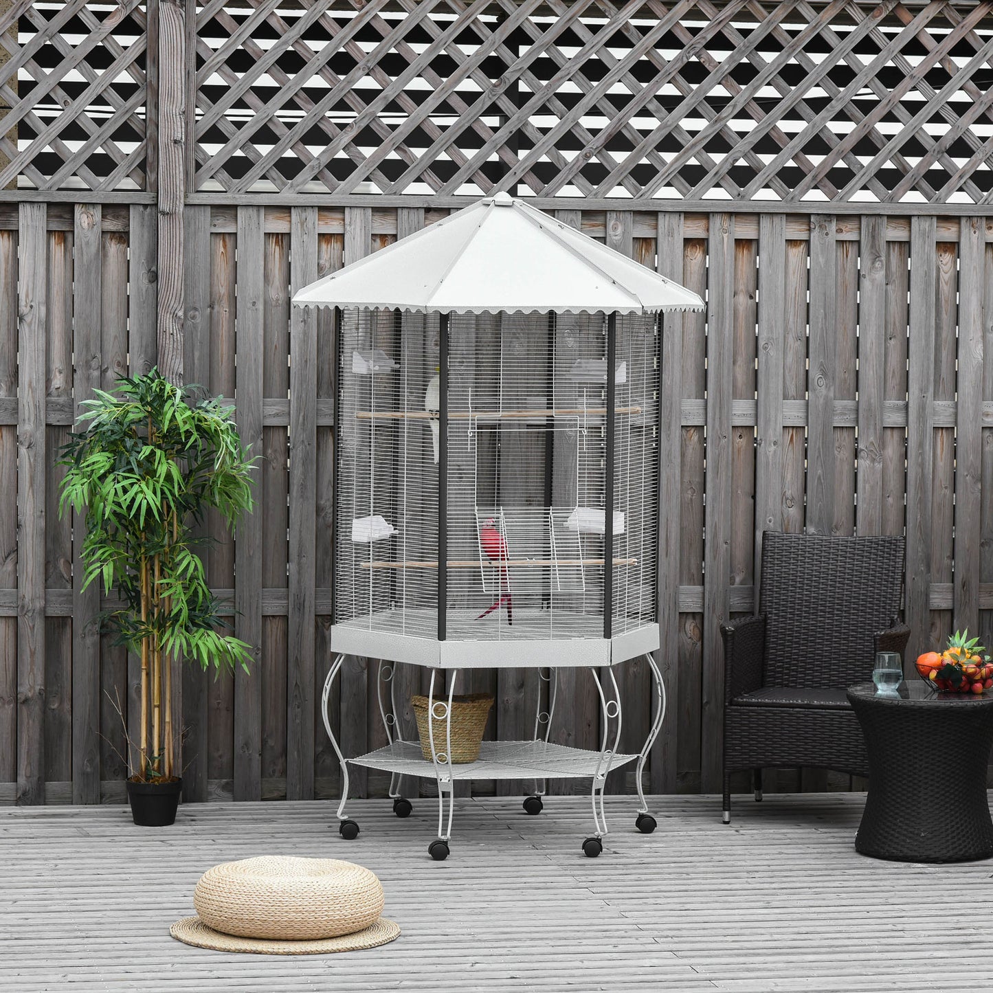 77” Hexagon Portable Flight Bird Cage Aviary with Covered Canopy & Storage Shelf