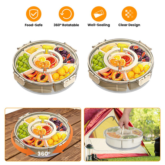 2PCS Rotating Divided Serving Tray with Lid & Handle – 6-Compartment Snack Box