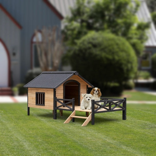 Large Outdoor Wooden Dog Kennel with Porch – Cabin-Style Weatherproof Dog House