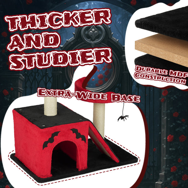 Halloween Cat Tree for Large Cats – Gothic Cat Tower with Condo, Perches, Scratching Posts & Ladder (Red & Black)