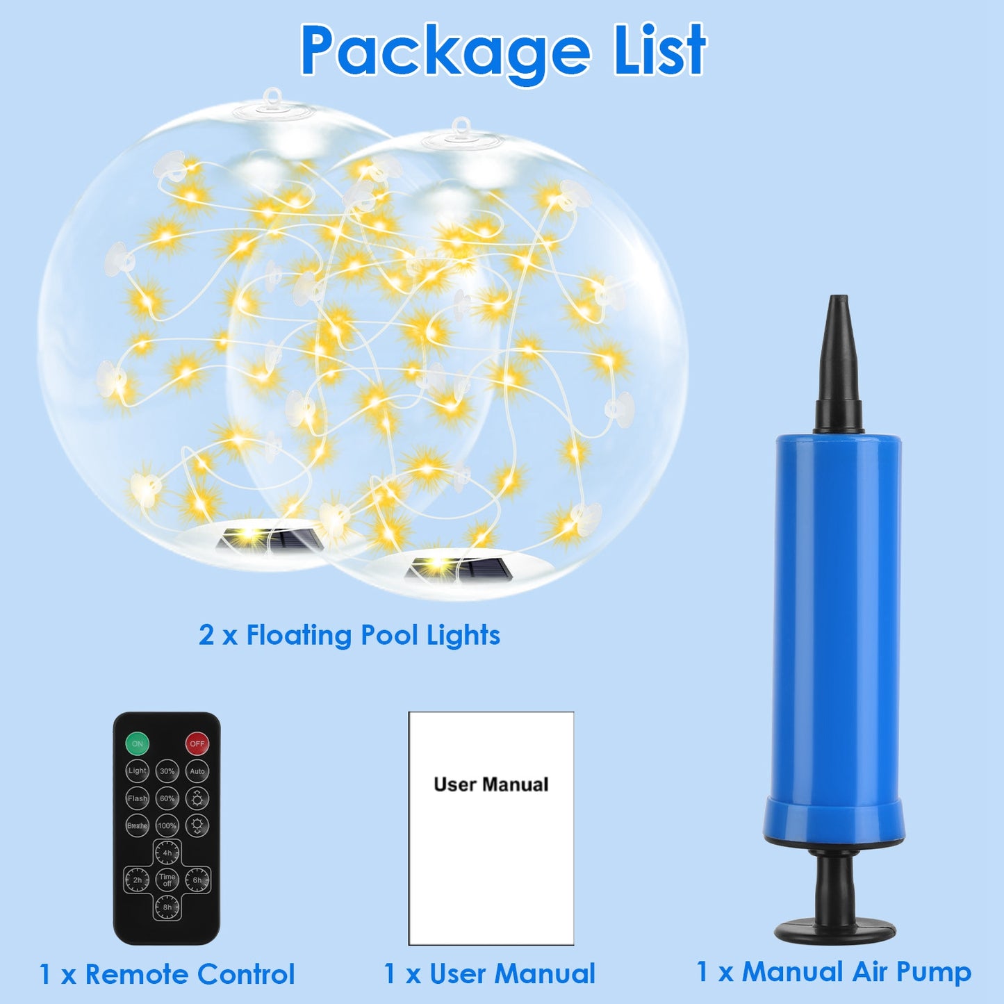 2Pcs 14in Solar Floating Pool Lights IP68 Waterproof With Remote