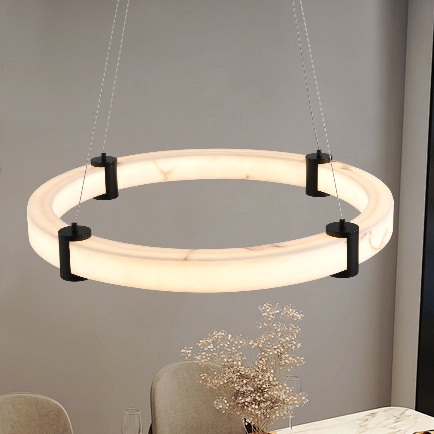 Modern LED Ring Pendant Light 24-Inch Marble Finish Chandelier