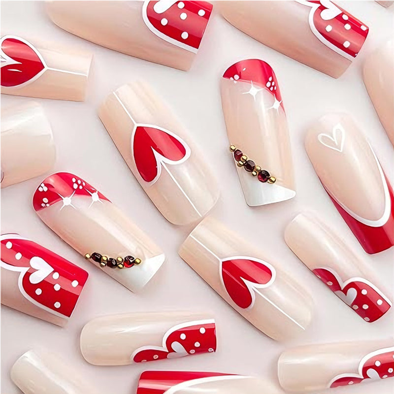 24PCS Red & White Heart Long Square False Nail Tips – Full Cover Acrylic/Fake Nails
