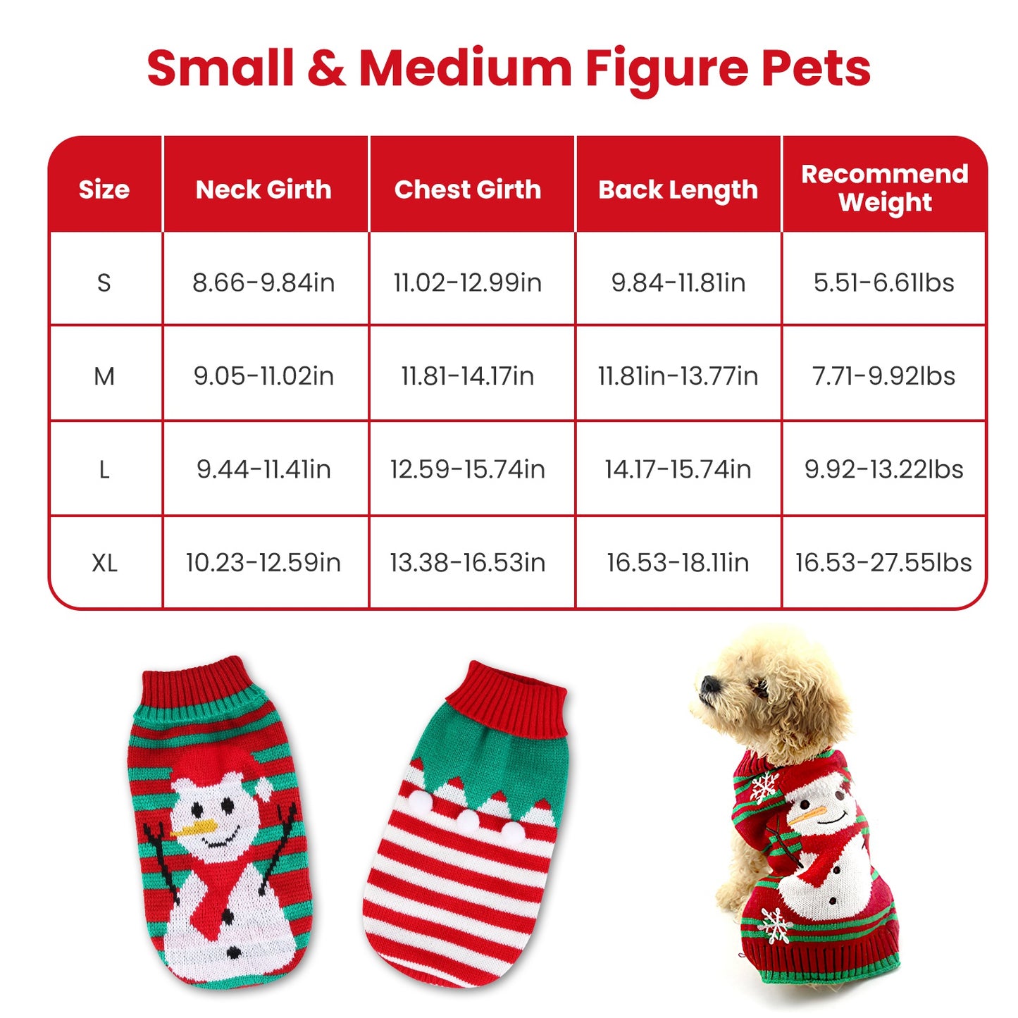 Pet Christmas Turtleneck Sweater – 2 Patterns, 4 Sizes for Dogs & Cats | Snowman & Stripes Holiday Costume