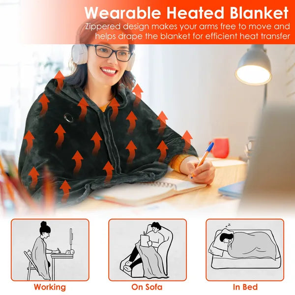 USB Electric Heated Blanket – Poncho Shawl Wrap Throw 59x31in, Washable with Zipper