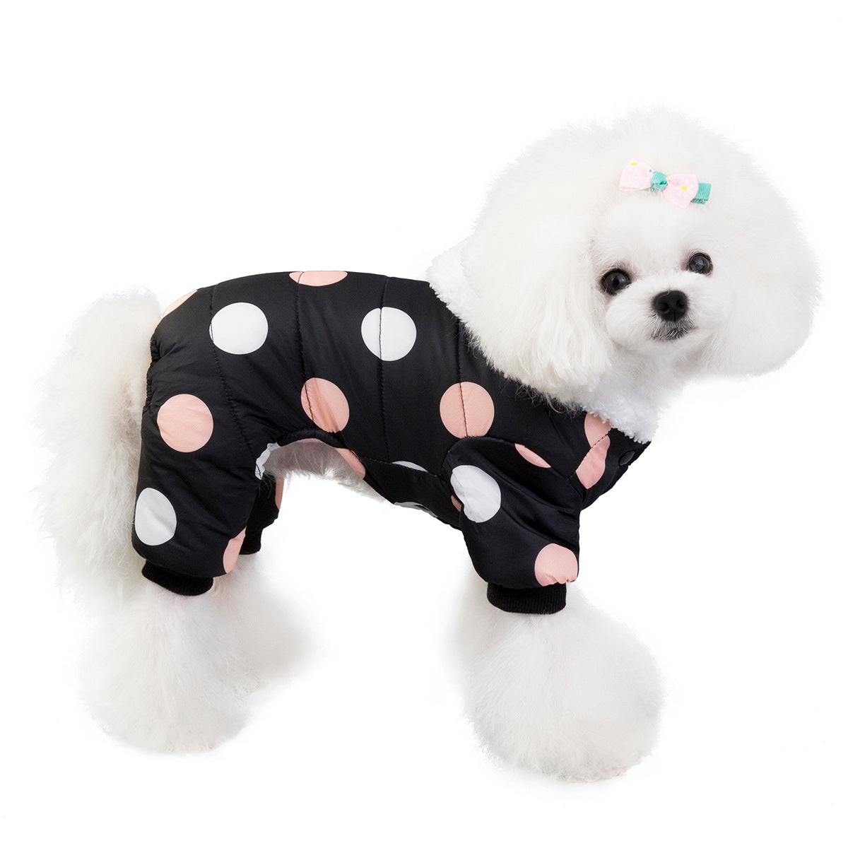 Warm Cotton Dog Coat – Big Polka Dot Four-Leg Winter Jacket for Pets