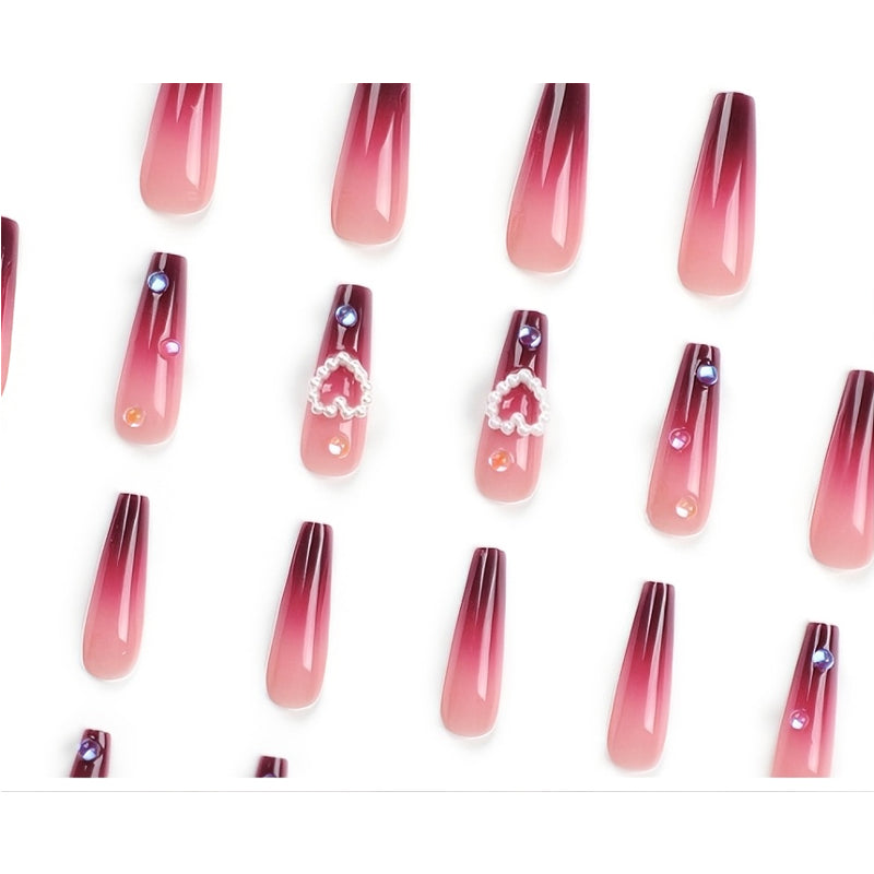 24PCS Red Heart Square Long False Nail Tips – Long Water Pipe Style Nail Art