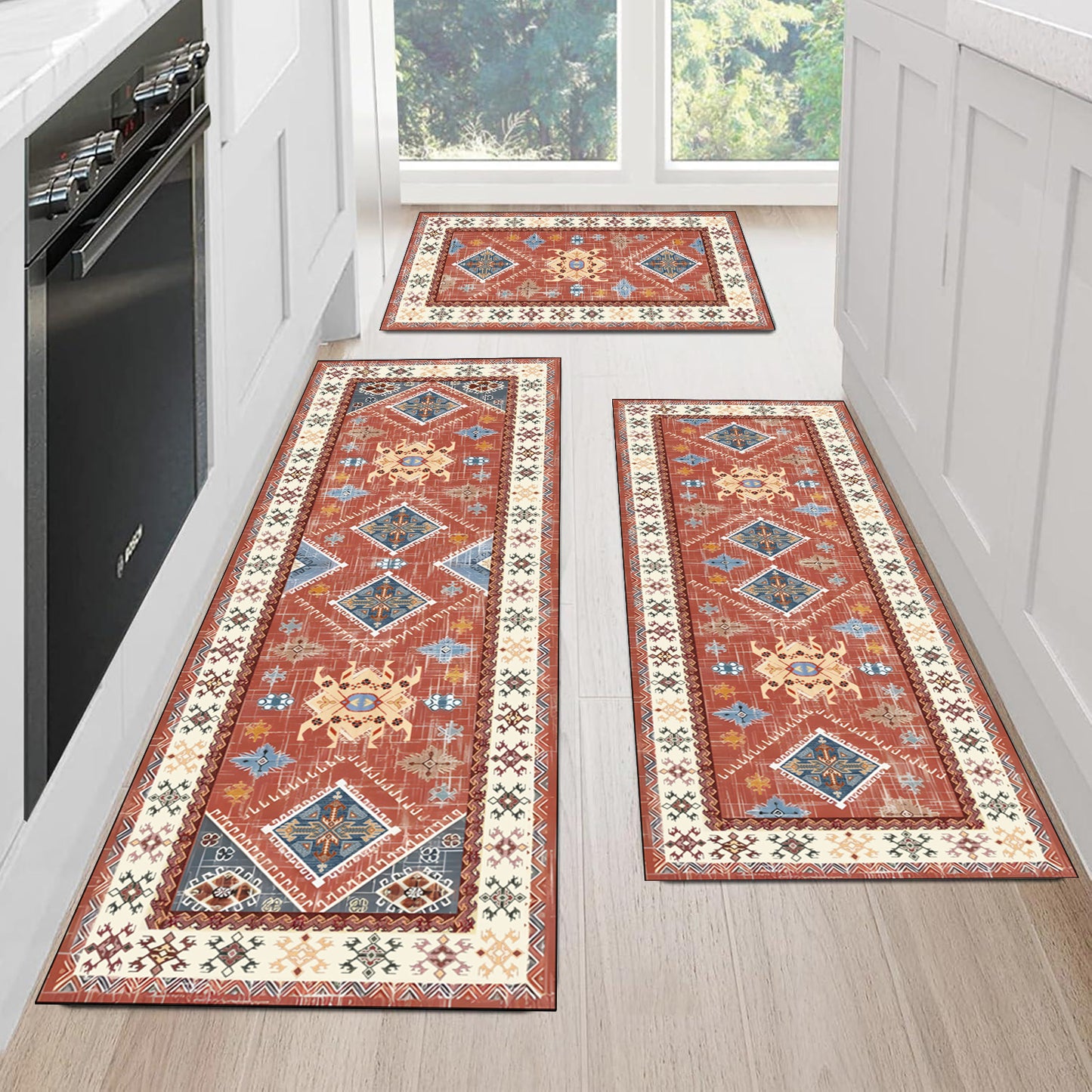 Boho 3-Piece Kitchen Rug Set – Thick Non-Slip Washable Runner Mats for Kitchen, Hallway & Laundry Room