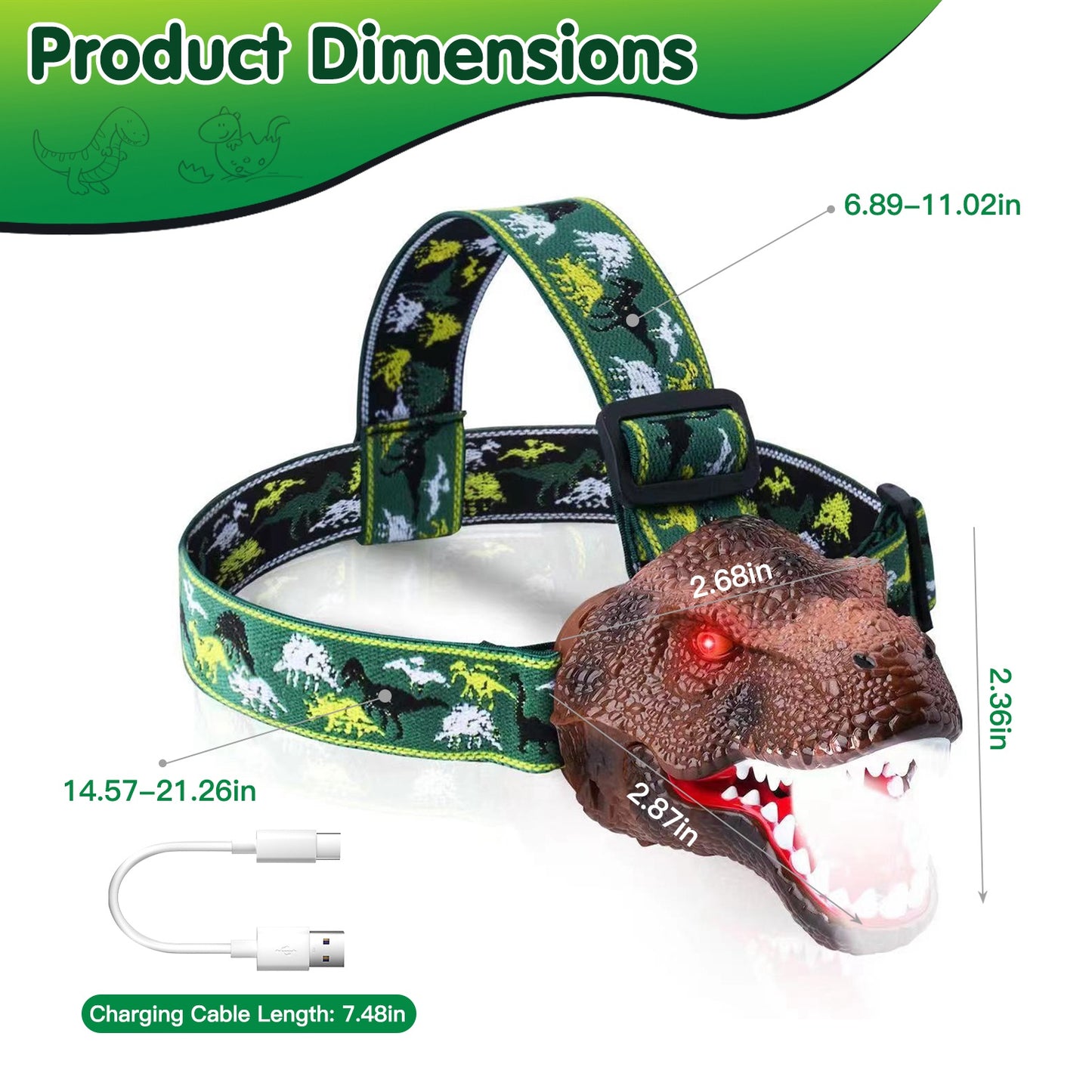 Dinosaur Kids Headlamp Flashlight with Roar Sound 4 Modes