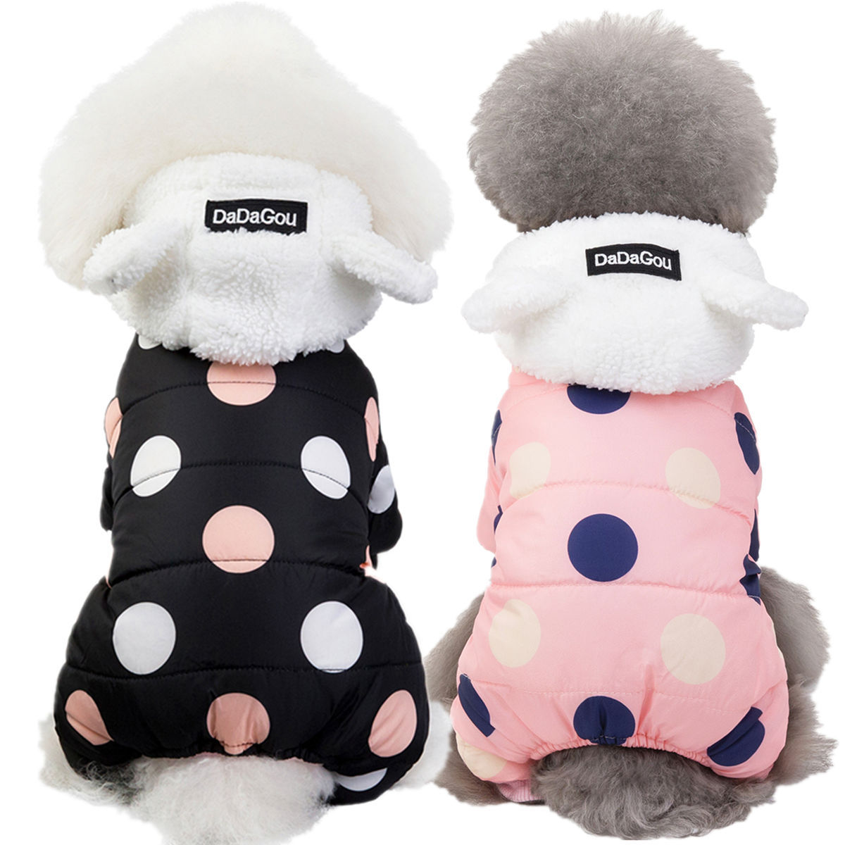 Warm Cotton Dog Coat – Big Polka Dot Four-Leg Winter Jacket for Pets