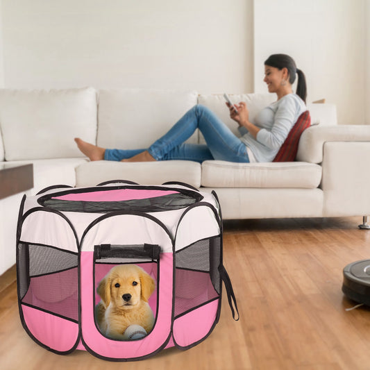 Pink & Blue Portable Foldable Pet Tent Exercise Pen – Indoor & Outdoor Kennel with Removable Zipper Top & Bottom, Water-Resistant for Dogs, Cats & Small Pets