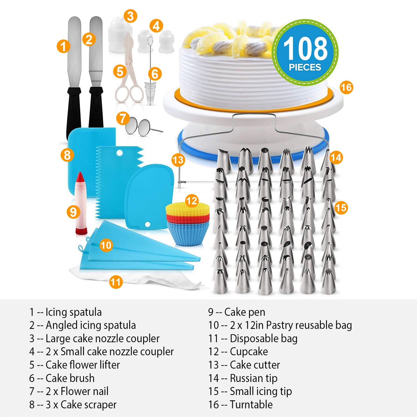11in Rotating Cake Turntable with 108-Piece Decorating Kit