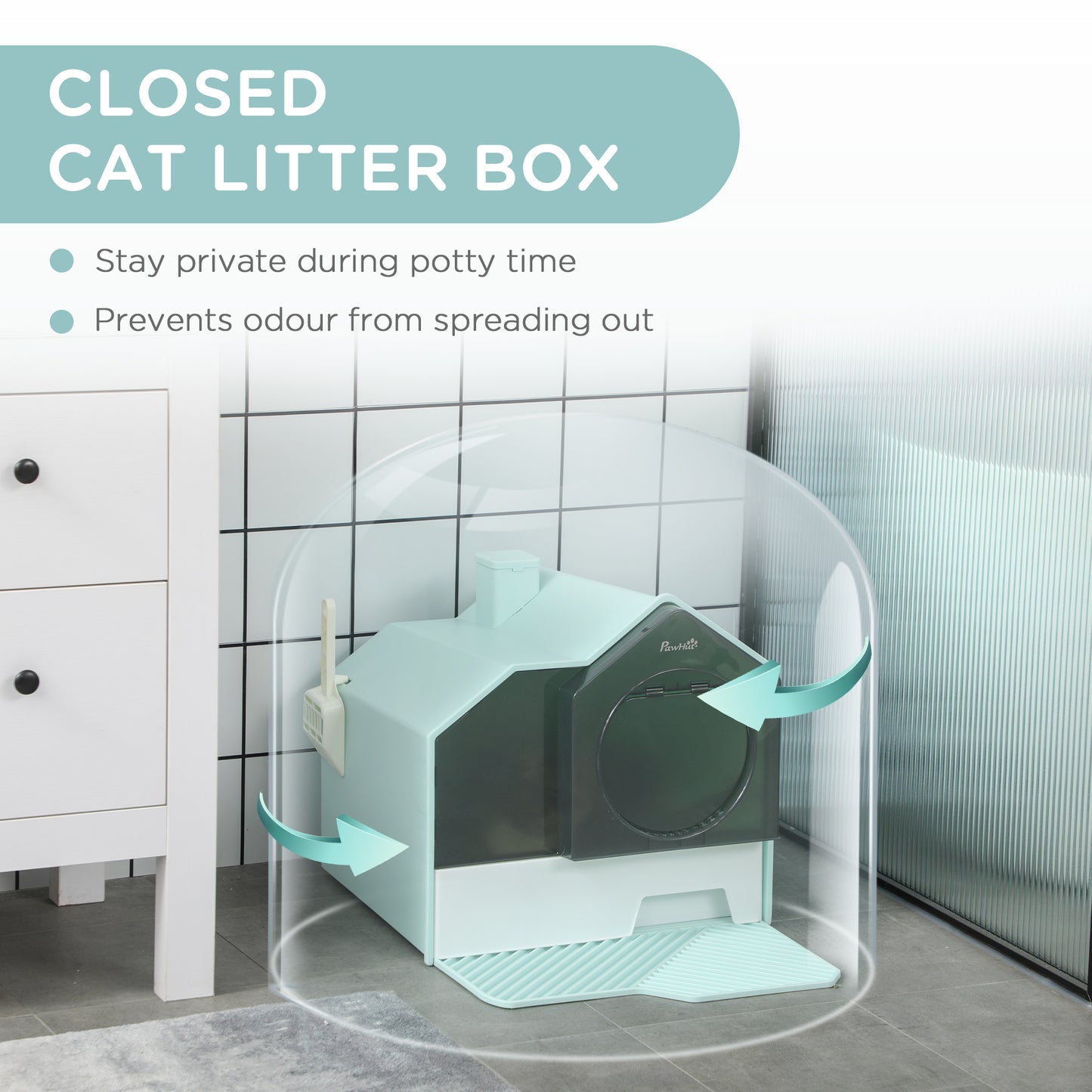 Hooded Cat Litter Box with Litter Mat – Particle Catching Design, Light Blue