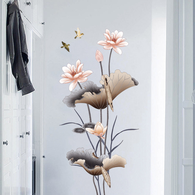 Chinese Style Lotus Flower Wallpaper – Self-Adhesive Wall Stickers for Living Room & Sofa Background