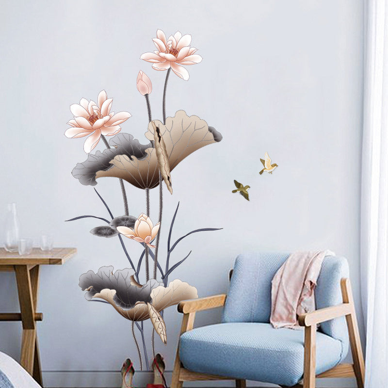 Chinese Style Lotus Flower Wallpaper – Self-Adhesive Wall Stickers for Living Room & Sofa Background
