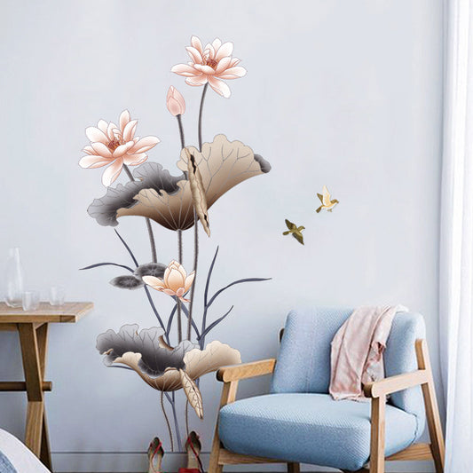 Chinese Style Lotus Flower Wallpaper – Self-Adhesive Wall Stickers for Living Room & Sofa Background
