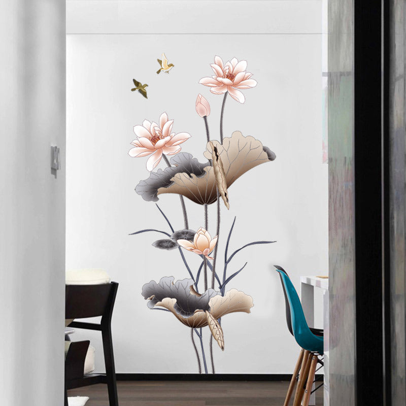 Chinese Style Lotus Flower Wallpaper – Self-Adhesive Wall Stickers for Living Room & Sofa Background