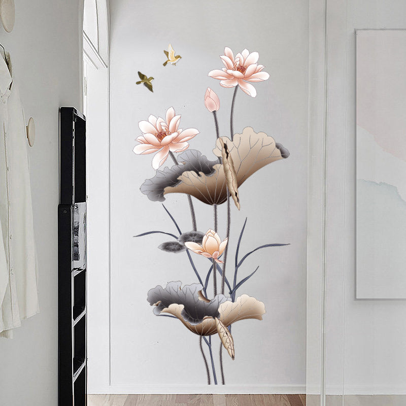 Chinese Style Lotus Flower Wallpaper – Self-Adhesive Wall Stickers for Living Room & Sofa Background