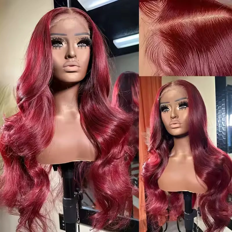 13x6 HD Burgundy Lace Front Wig – 100% Indian Human Hair, Cuticle Aligned, Pre-Plucked
