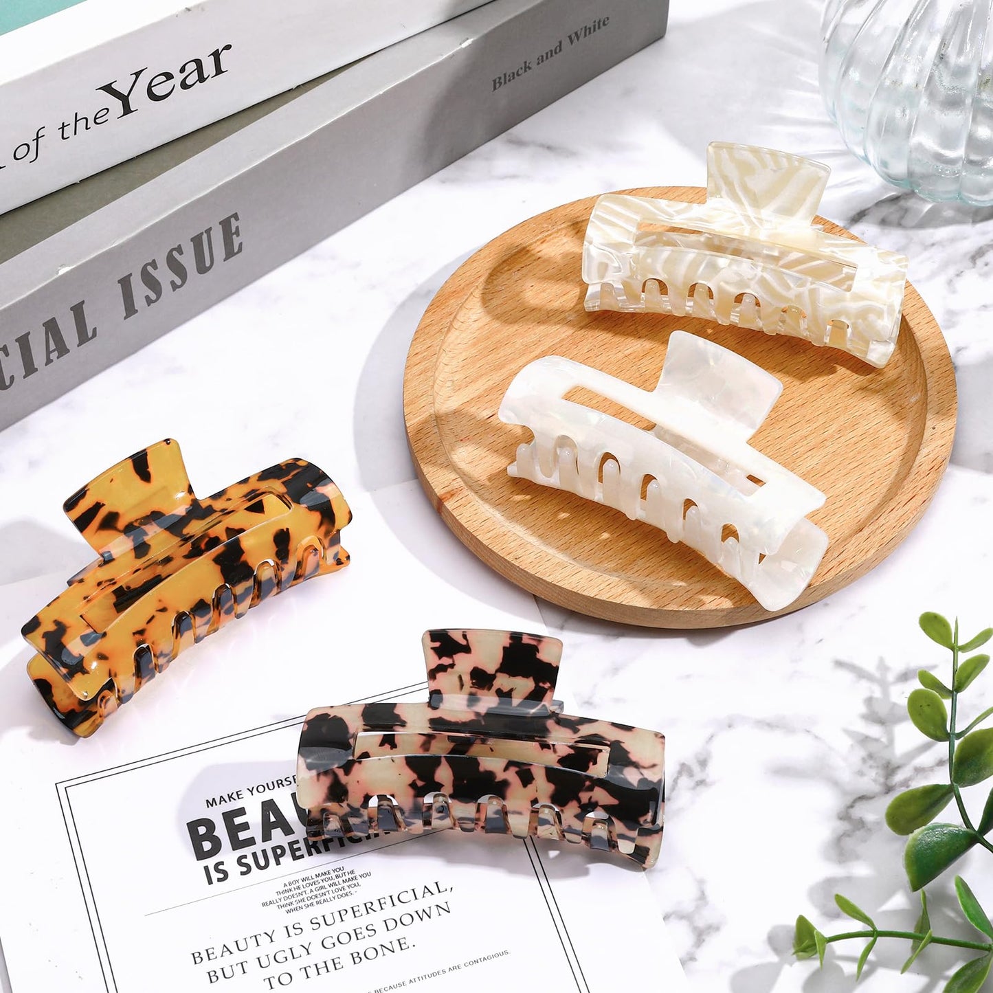 4Pcs Tortoise Acetate Hair Claw Clips – Strong Hold Barrettes for Women
