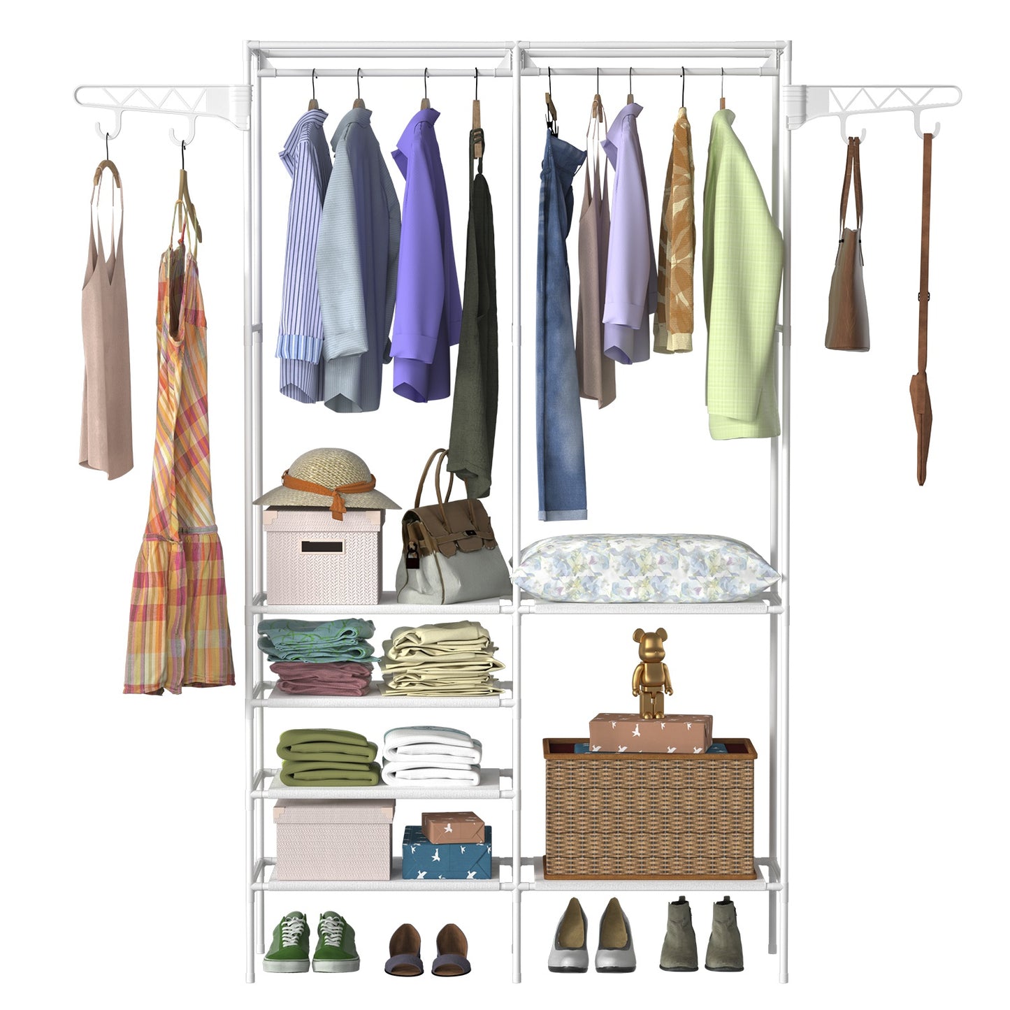 Metal Garment Rack – Freestanding Clothes & Shoe Organizer with Shelves
