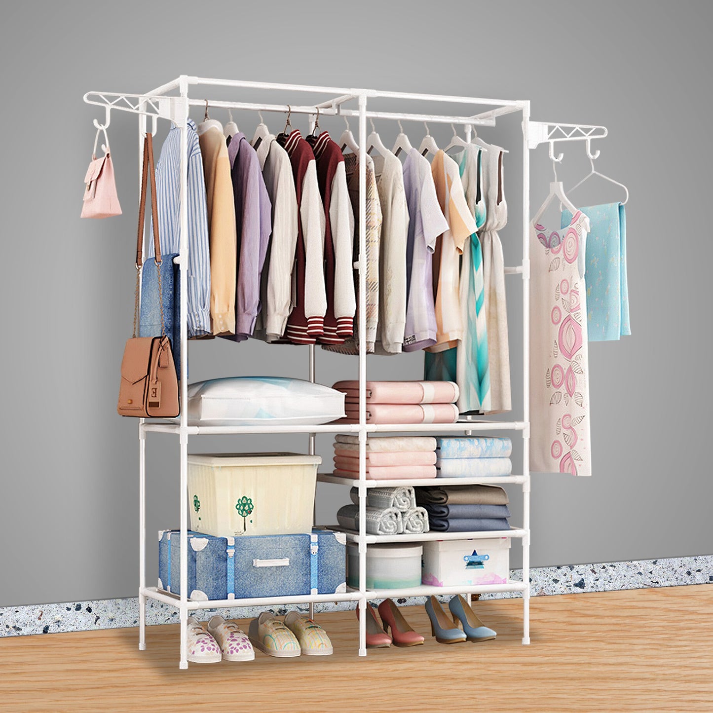 Metal Garment Rack – Freestanding Clothes & Shoe Organizer with Shelves