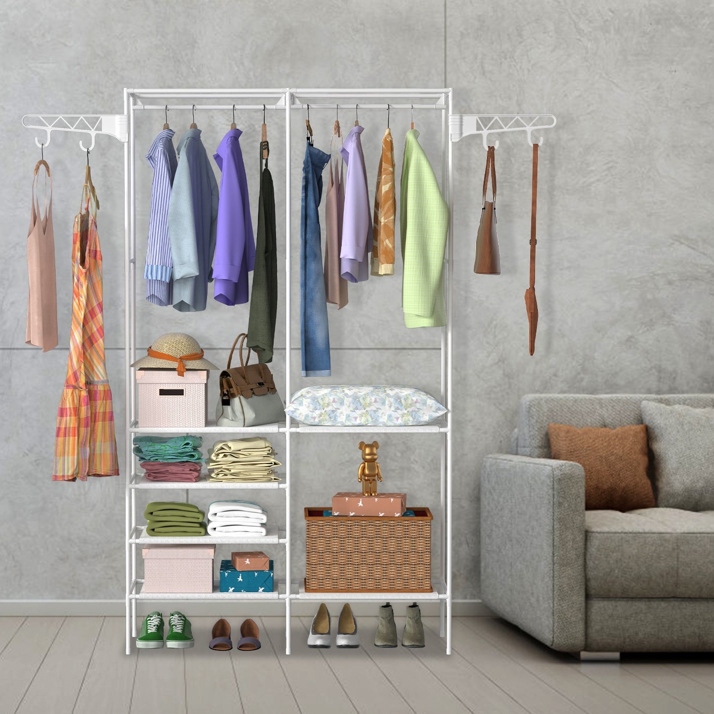 Metal Garment Rack – Freestanding Clothes & Shoe Organizer with Shelves