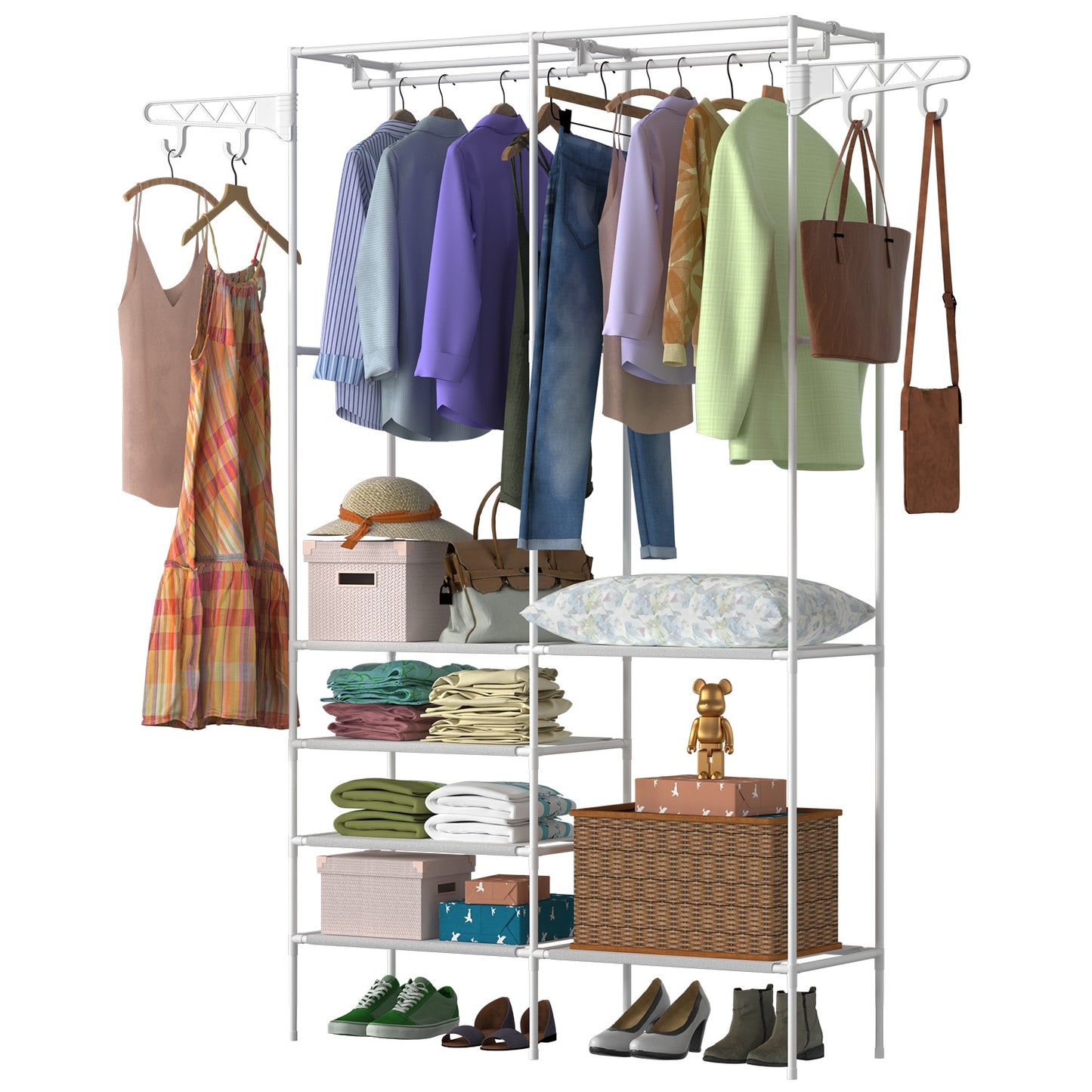 Metal Garment Rack – Freestanding Clothes & Shoe Organizer with Shelves