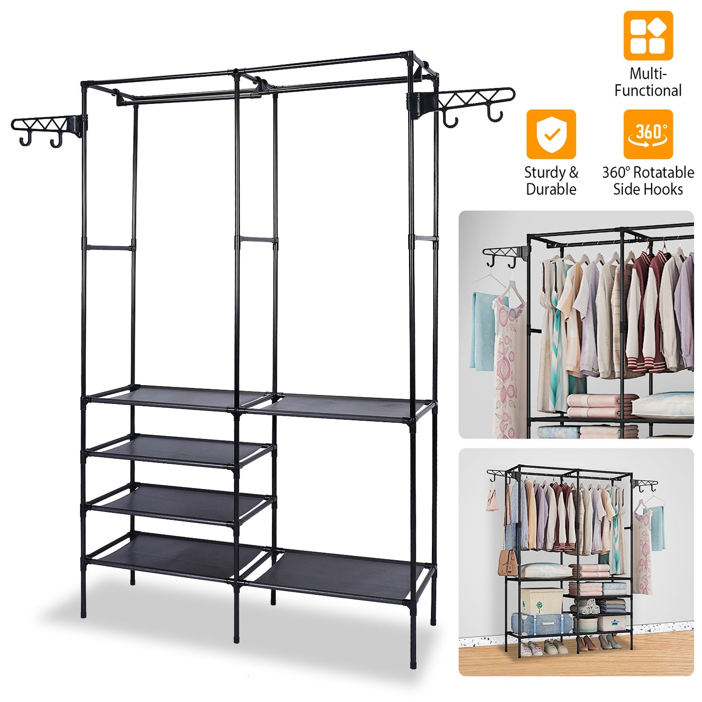 Metal Garment Rack – Freestanding Clothes & Shoe Organizer with Shelves