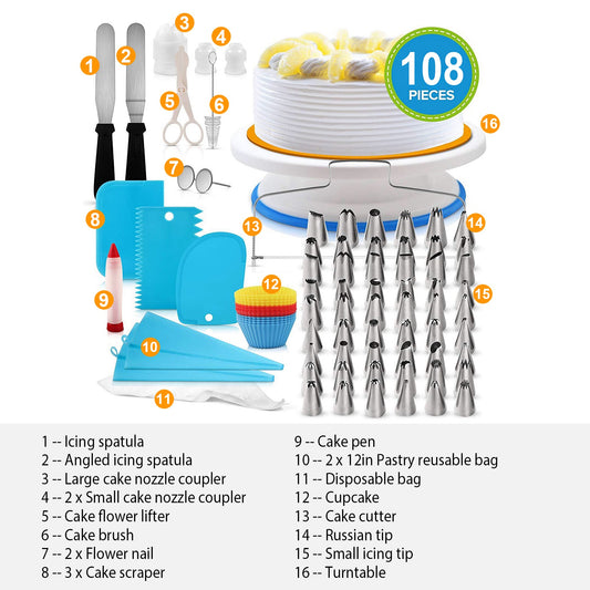 11in Rotating Cake Turntable with 108-Piece Decorating Kit