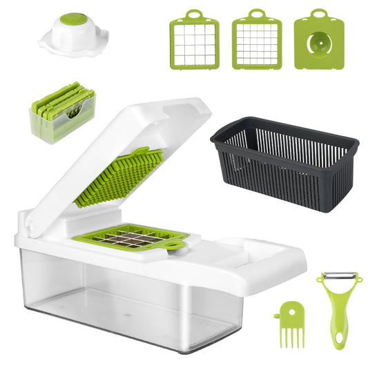 12-in-1 Vegetable Chopper Set with Container – Slicer, Dicer, Grater & Peeler