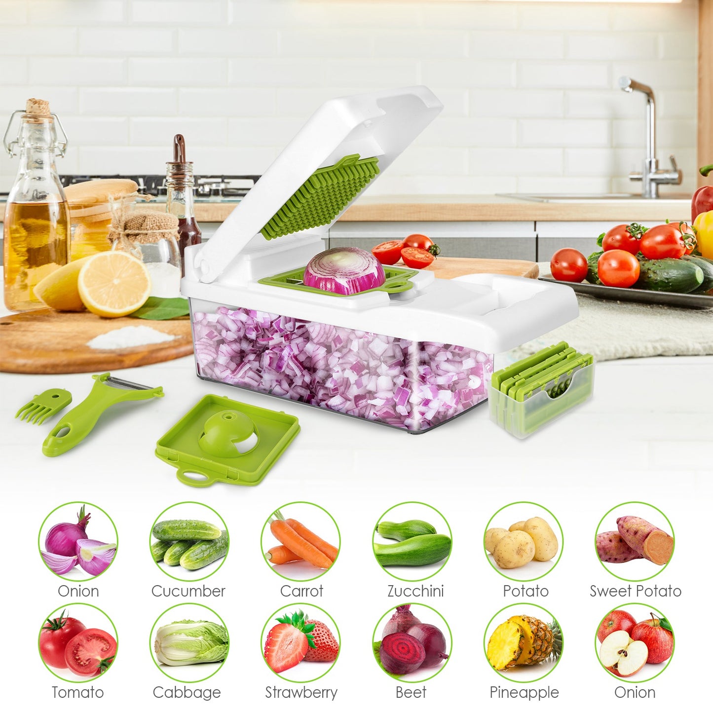 12-in-1 Vegetable Chopper Set with Container – Slicer, Dicer, Grater & Peeler